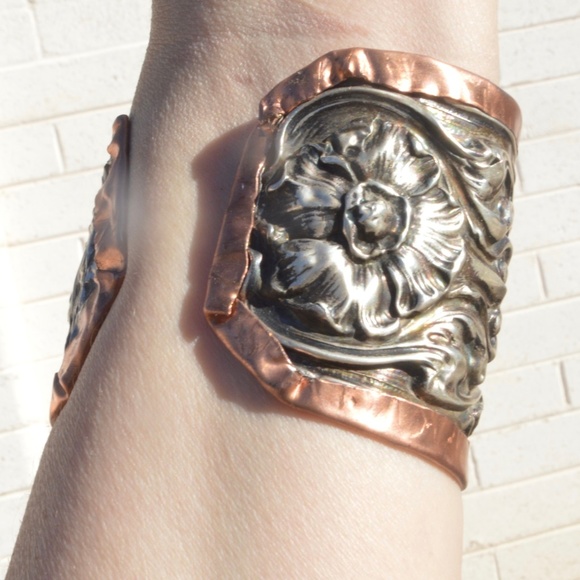 Art Nouveau Lady Face Sterling Cuff Bracelet 925 Victorian Copper Alfonso mucha - Picture 8 of 8